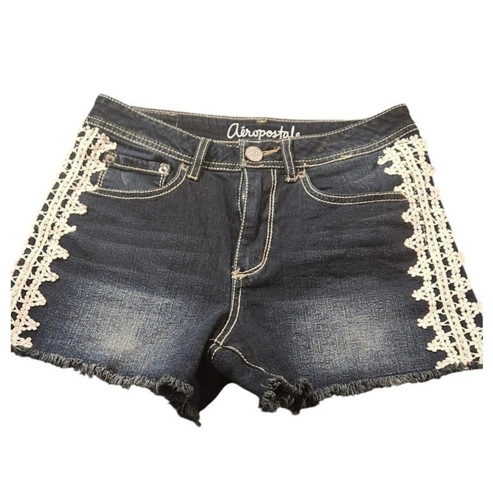 Aeropostale High Rise Midi Shorts Womens 4 27 Denim Crochet Lace Cutoff Frayed